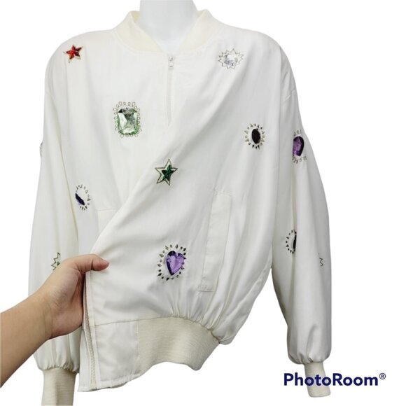 Minimalist Neutral White pearl embellished Embroidered Zip Up Jacket size M - Picture 2 of 15